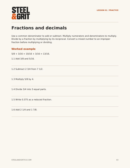 Fractions practice page from the Construction Trade Math Workbook