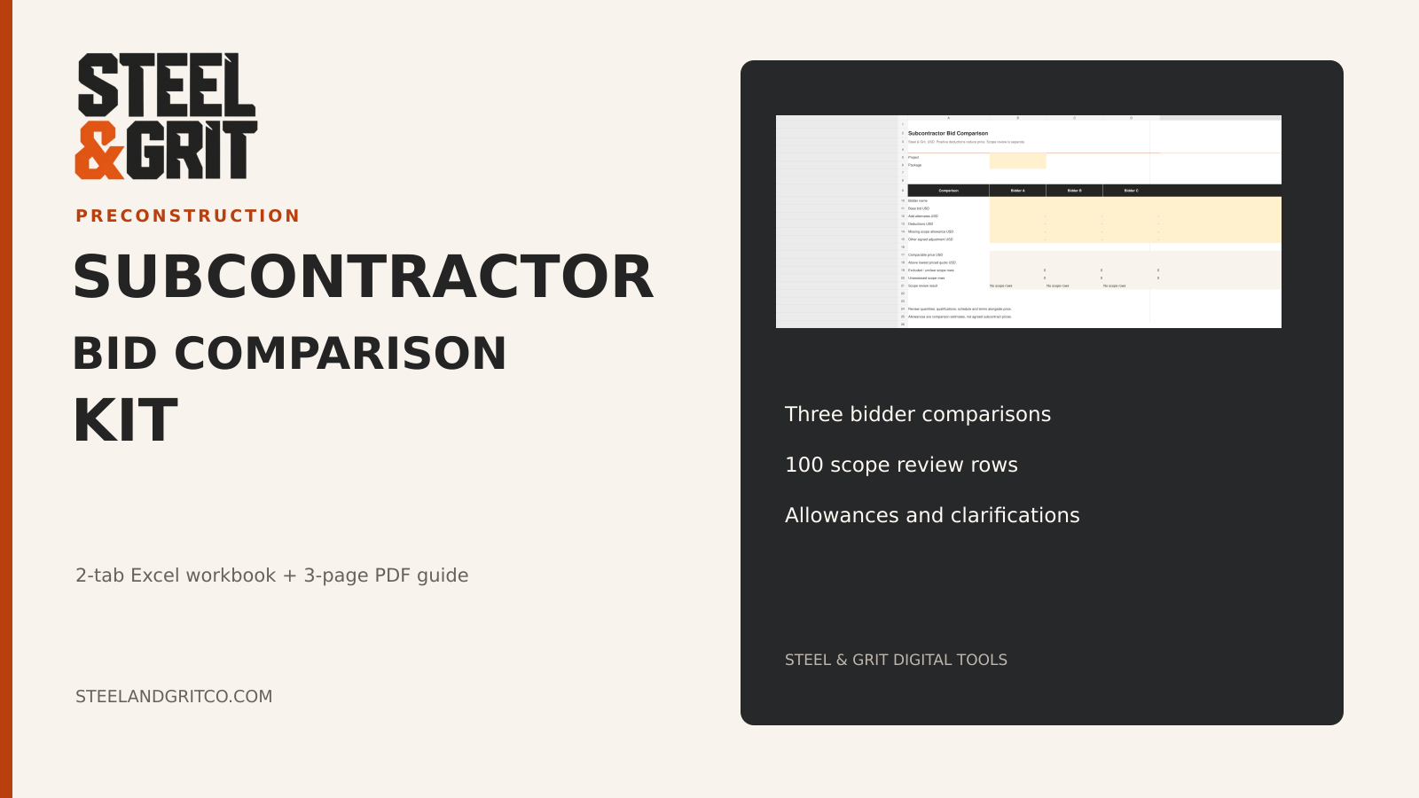 Subcontractor Bid Comparison Kit product cover