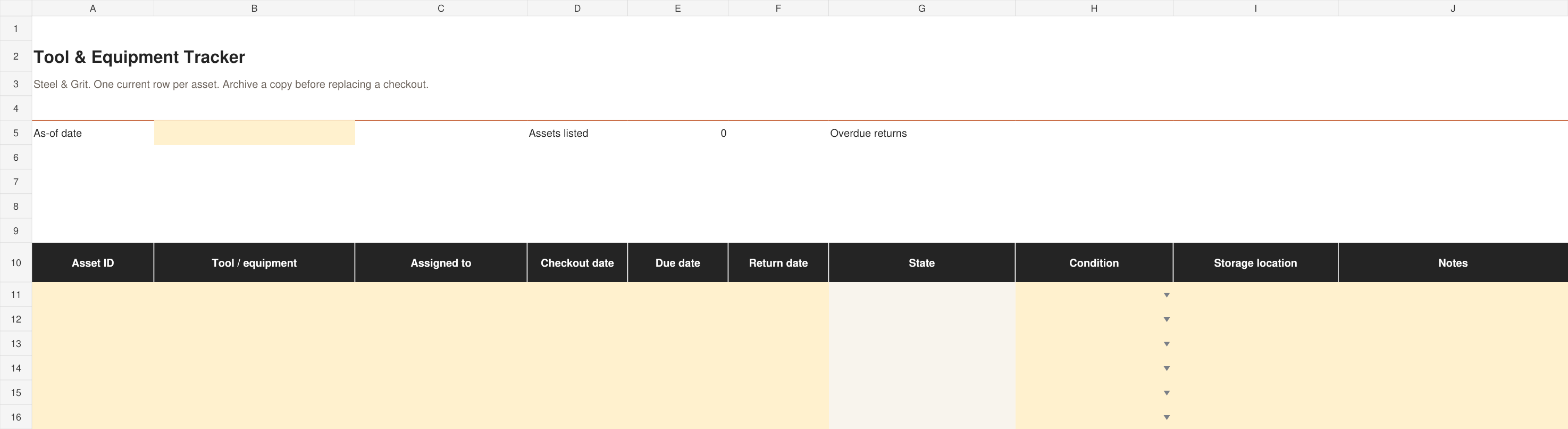 Actual Tool & Equipment Tracker spreadsheet preview